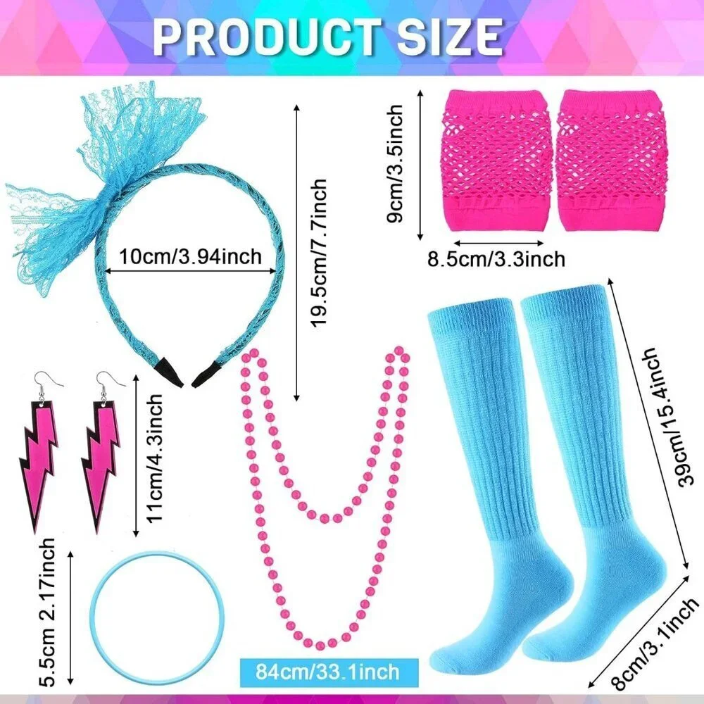 80s Costume Accessories Set Neon Fishnet Gloves Fanny Pack Earrings